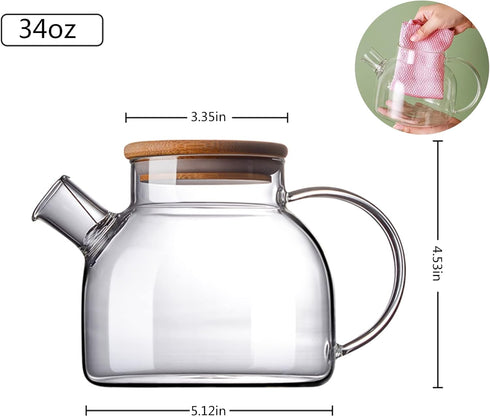 Glass Teapot with Strainer, 34oz/1000ml Borosilicate Kettle, Stovetop & Microwave Safe, Wooden Lid