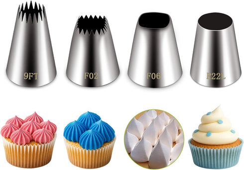 Suuker Extra Large Piping Tips Set (F02 F06 9FT R22L), Stainless Steel Round & Star Piping Tips for Cake Decorating