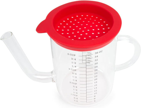Fox Run Gravy and Fat Separator, Glass, 1 Liter, with Measurements and Strainer, Red and Clear