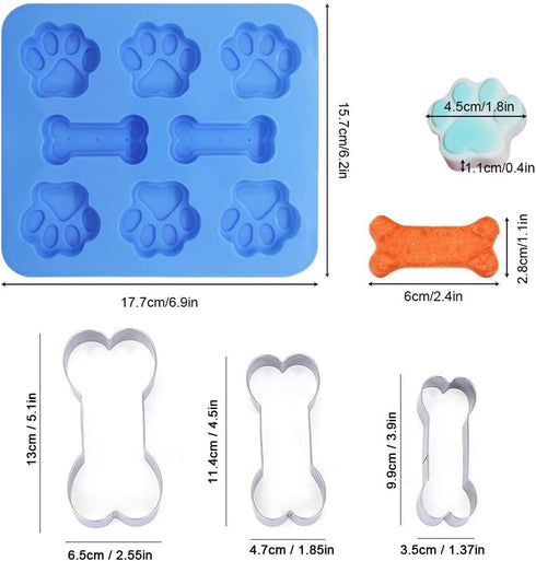 Set of 5 Silicone Molds Puppy Dog Paw & Bone Shaped 2 in 1 with Stainless Steel Bone Cookie Cutter for Homemade Treats