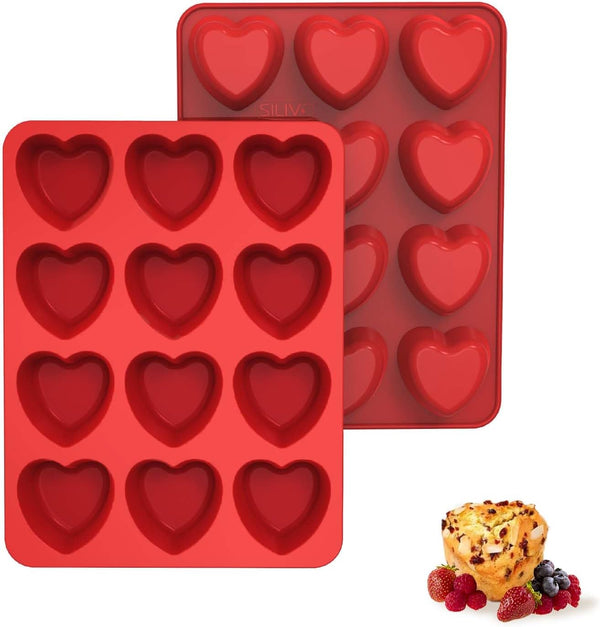 SILIVO Silicone Heart Shaped Muffin Pan (2 Pack), Nonstick Mini Molds for Baking Cupcakes, Brownies, Egg Bites