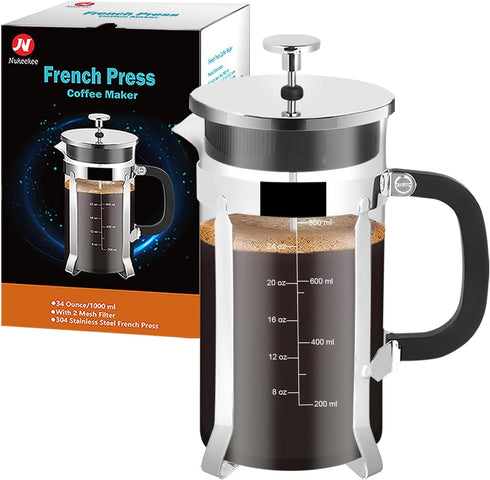 French Press Coffee Maker, 34oz 304 Stainless Steel with 2 Filters, Heat Resistant Borosilicate Glass, BPA Free