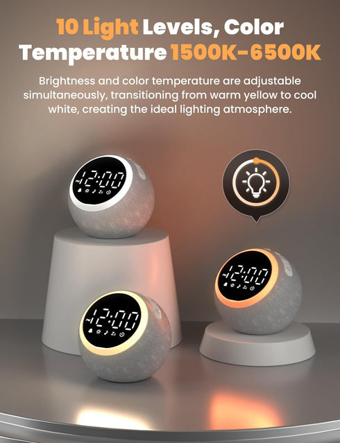 25 LIORQUE Alarm Clock with White Noise Machine & Night Light, Soothing Sound, Adjustable Volume, Sleep Timer, Ideal