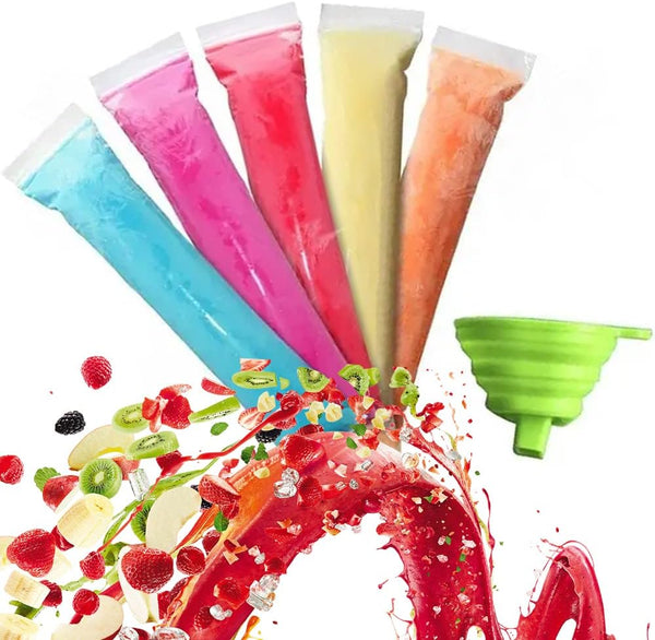 125 Disposable Ice Popsicle Mold Bags with Funnel, BPA Free Zip Lock Freezer Tubes for Healthy Snacks