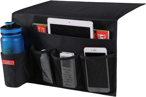 5 Pockets Bedside Caddy, Storage Organizer for Water Bottles, Magazines, Phone, Glasses (Black)