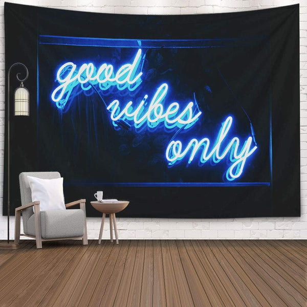 Musesh Quote Tapestry - Good Vibes Only Neon Wall Hanging, 92.5 inch W x 70.9 inch L for Bedroom Living Room