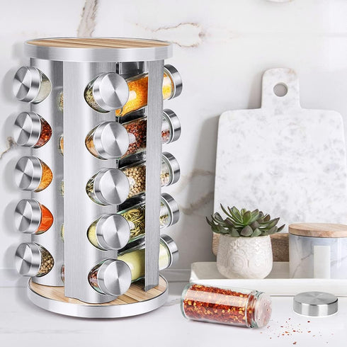 Spice Rack Organizer with Jars for Cabinet, 20Pcs Revolving Seasoning Organizer, Stainless Steel/Wooden