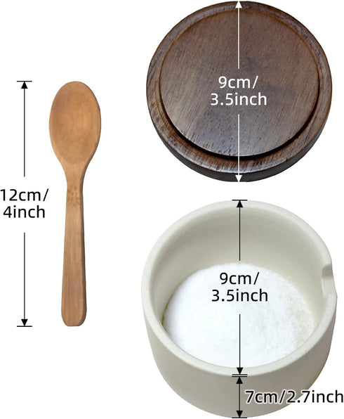 Rliguanrui 3.5" Countertop Handmade Ceramic Salt Cellar with Acacia Wood Lid & Spoon - Wide Mouth Kitchen Jar for Salt