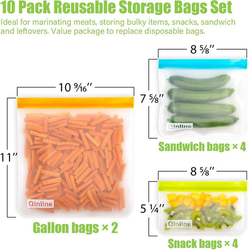 Reusable Storage Bags - 10 Pack BPA FREE Freezer Bags, Ziplock Lunch Bags for Food