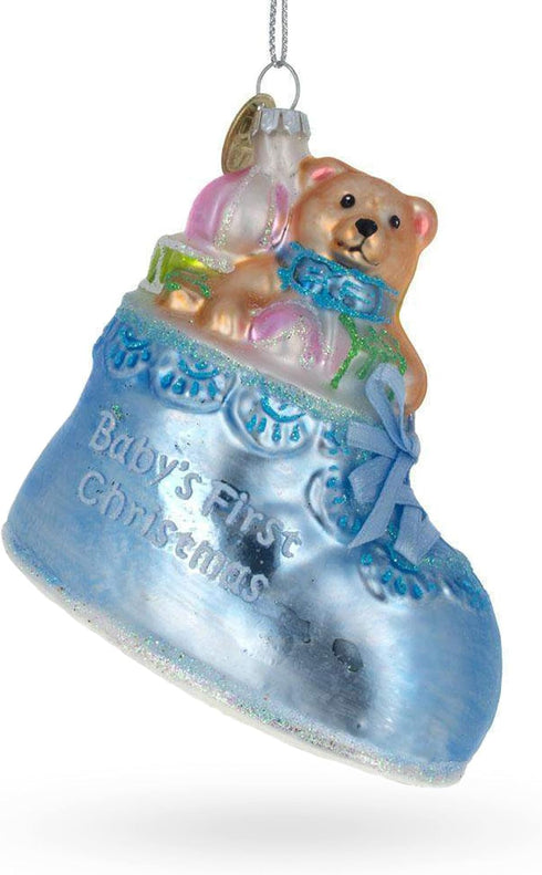 Baby's First Glass Christmas Ornament - Teddy Bear Nestled in a Blue Shoe