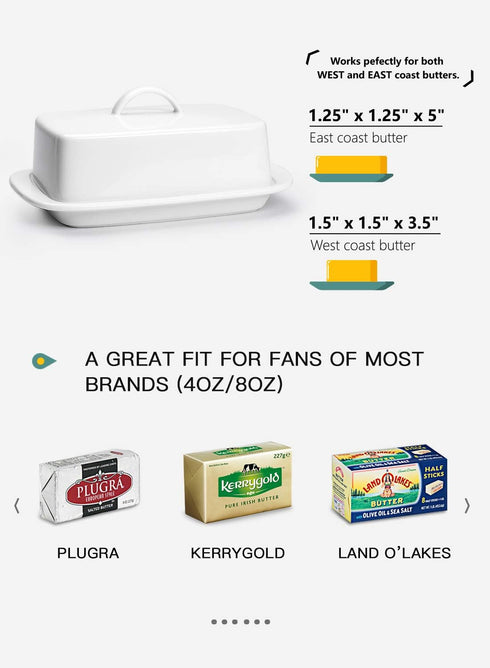 Sweese Large Butter Dish with Lid for Countertop, 8oz Porcelain Butter Keeper with Handle Cover Design, White