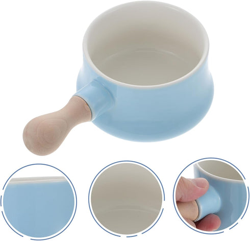 Cabilock Fashion Ceramic Soup Bowl with Wood Handle, Capacity Breakfast and Noodle Bowl for Home Use