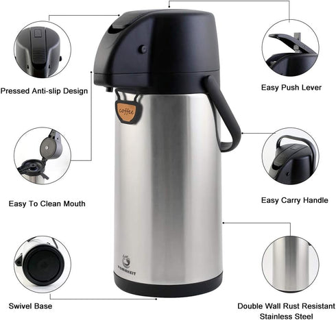 3L/102 Oz Thermal Airpot Coffee Dispenser with Pump, Insulated Stainless Steel Carafe for Hot/Cold Water and Coffee