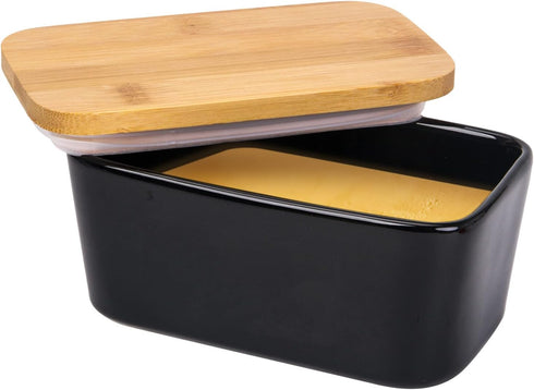 Butter Dish with Lid - Porcelain Keeper with Wood Cover for Easy Clean Butter Storage Container