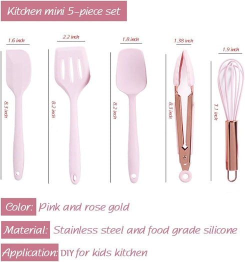 Set Collfa Rose Gold And Pink Kitchen Utensil Small Five-Piece Mini Silicone Kids Kitchen Tools Whisk Spatula Tongs
