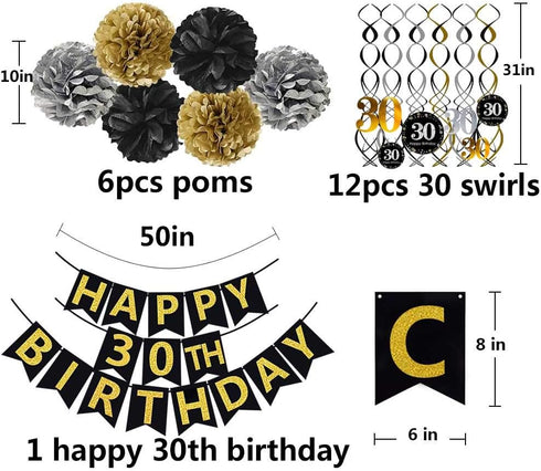 Black & Gold Glittery Happy 30th Birthday Banner, Poms, Sparkling 30 Hanging Swirls Kit