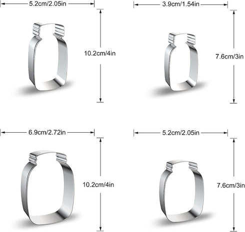 Mason Jar Cookie Cutter Shapes Baking Set - 4 Pieces, 3 Inch & 4 Inch Milk Bottle Honey Jar Biscuit Molds for Kitchen