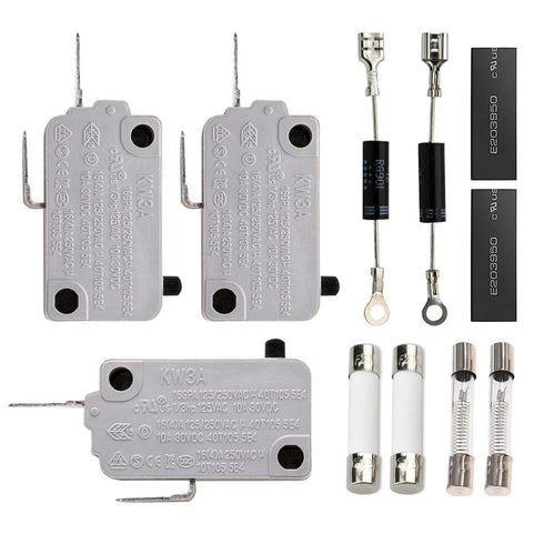 Microwave Oven Repair Parts Kits, KW3A Door Switch, Diode CL04-12, Slow Blow Fuse 20A, 6X40MM Fuse 0.9A