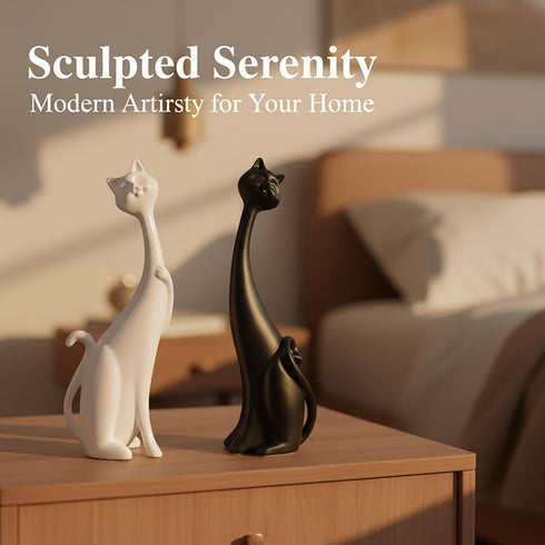 masteymoh Pack 2, (2 Cat Figurines of Black Resin Cat Statues Minimalist Modern Abstract Cat Sculptures for Bookshelf