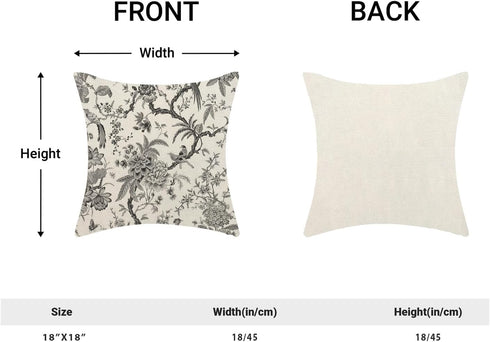 Spring Floral Birds Pillow Covers Set of 2, 18 x 18 Inch Black and White Chinoiserie Flowers Outdoor Decorative Cushion