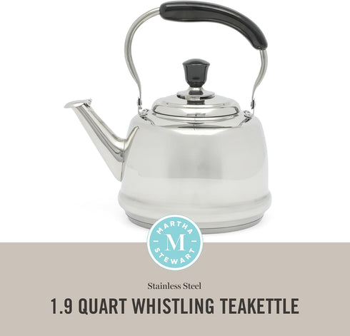 2 Martha Stewart Kingstree Large Qt Stainless Steel Tea Kettle Heavy Gauge Durable Whistling Tea Kettle for Stove Top