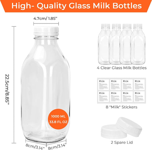 DHSBTLS 4 Pcs Glass Milk Bottles with Lid, 33.8 Oz/ 1L Reusable Glass Milk Container for Fridge to Store Fresh Milk, Airtight Heavy Duty Clear Juice Jar for Juice, Honey, Syrup, Extra 2 Lids& Stickers