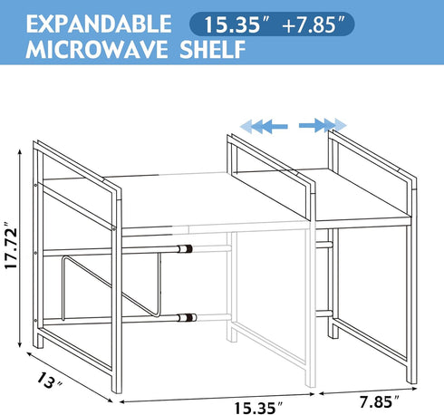 Extendable Adjustable Microwave Oven Rack, 2-Tier Stainless Steel Kitchen Counter Shelf with 4 Hooks