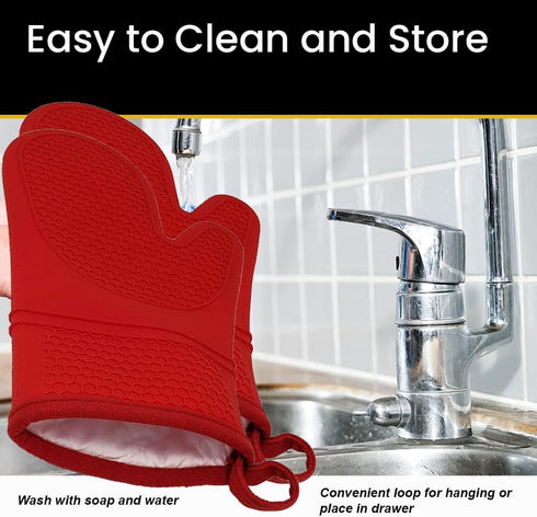 Red Oven Mitts Heat Resistant Silicone, Non-Slip, Flexible, Durable, Cotton Lining, Easy Clean, Pair of 2 for Cooking,