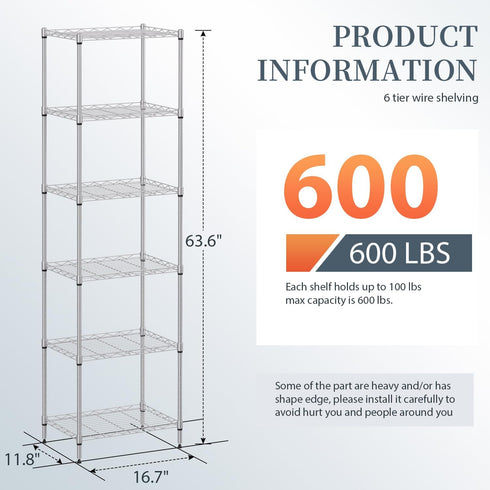 BestOffice 6-Shelf Adjustable Wire Shelving Unit, Metal Shelves, 11.8" D x 16.7" W x 63.6" H, Chrome
