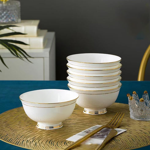 Ceramic Soup Bowls - Set of 5, 10 Ounce Gold Rim Small Bowls, Premium Bone China for Ice Cream, Rice, Dessert