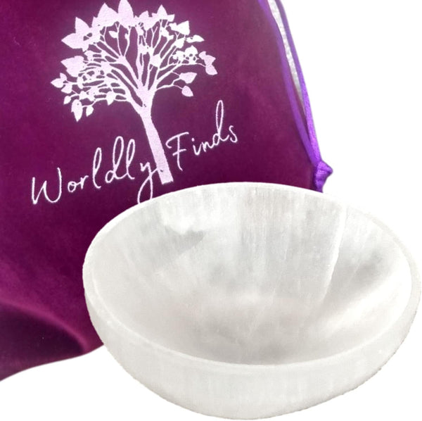 Worldly Finds Selenite Crystal Smudge Bowl, 4 Inch Hand-Carved Moroccan Crystal Holder for Charging and Cleansing