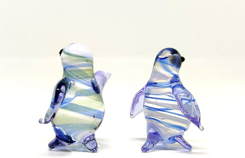 2 Penguins Tiny Figurines - Hand Blown Color Glass Art Animals Collectible Gift Home D cor (Blue Green)