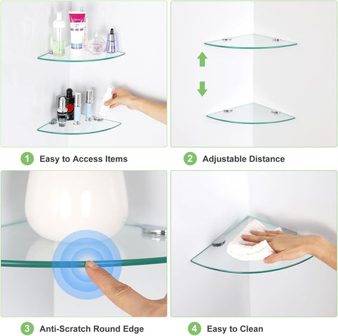 9.8" 9.8", 2 Pack Glass Corner Shower Shelves, Tempered Floating Glass Shelves Wall Mount, Shower Caddy Organizer
