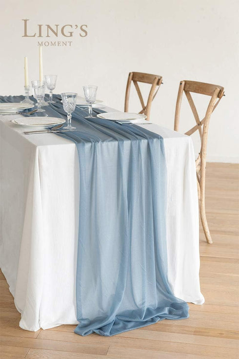 Ling's Moment 14Ft Dusty Blue Sheer Chiffon Table Runner with Silver Sparkle for Rustic Boho Wedding Party Decorations
