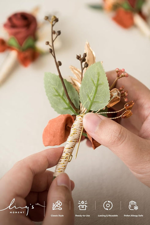 Ling's Moment 6pcs Boutonniere for Men, Artificial Flowers for Wedding Decor, Prom, Homecoming, Terracotta Orange