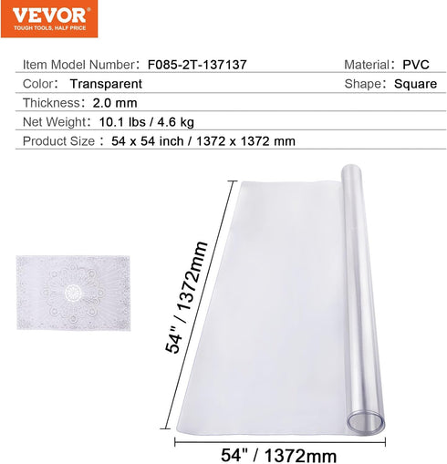 54 54 Inch 2.0 mm, VEVOR Plastic Table Cover, x Clear Square PVC Desk Mat Protector, Waterproof & Easy Cleaning Pad