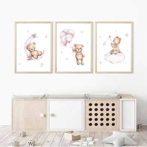 Baccone 12x16x3 Inch Bear Nursery Wall Art Decor Teddy Bear Wall Art Baby Girl Canvas Wall Decor Pink Pictures Balloon