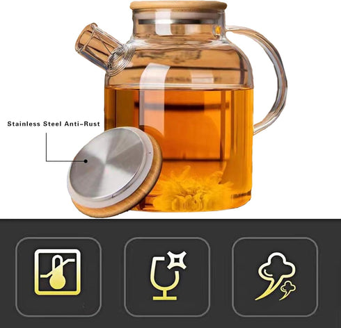 Glass Teapot, Stovetop and Microwave Safe Borosilicate Teapot, 60.8 oz with Natural Bamboo Lid and Removable Filter