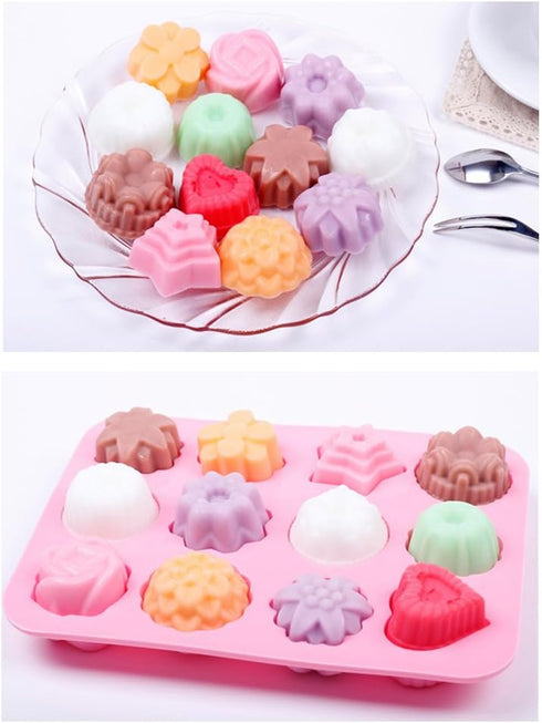 homEdge Food Grade Silicone Flowers Molds, Baking Pan with Flowers and Heart Shape Non-Stick 3-Pack Silicone Molds for Chocolate, Candy, Jelly, Ice Cube, Muffin (Pink, Blue and Green) by homEdge