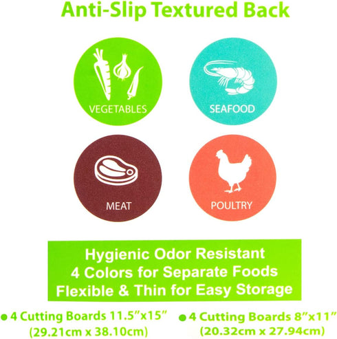 Simply Genius Color Coded Plastic Cutting Boards Set, Flexible Chopping Mats for Meat & Vegetables, Dishwasher Safe,