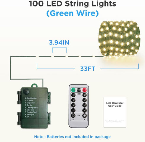 33ft (2 Pack), 100 Battery Operated String Lights LED Fairy String Lights Battery Powered w/Remote & Timer for Indoor
