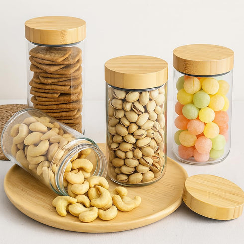 4 Pack 24oz TBWIND Glass Jars with Bamboo Lids, Spoons, Airtight Overnight Oats Containers, Wide Mouth Mason Jars, Food