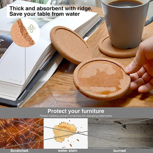 Natural Round Cork Coasters for Drinks, Absorbent Heat and Water Resistant Reusable Durable Saucers (4 PCS)