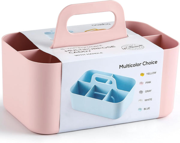 Multiuse Caddy Organizer with Handle - Stackable Plastic Bin Basket for Art Supplies, Makeup, Bathroom, Kitchen (Pink)