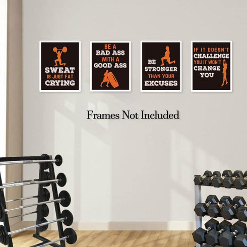 Sports Art Print Set of 4, Inspirational Fitness Quote Wall Art, Motivational Bodybuilding Phrases, Gym Training Decor