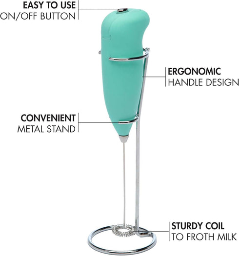 Primula Milk Frother with Stand, Handheld Whisk for Coffee, Frappe, Matcha, Battery Operated, Mint