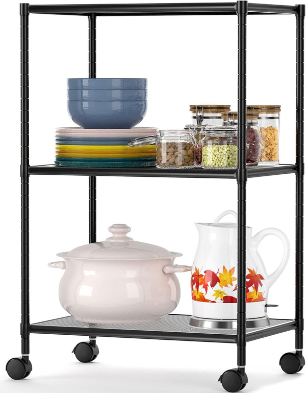 OVICAR 3-Tier Wire Storage Shelves, Adjustable Shelving Units with Wheels for Kitchen Pantry, Bathroom, Garage