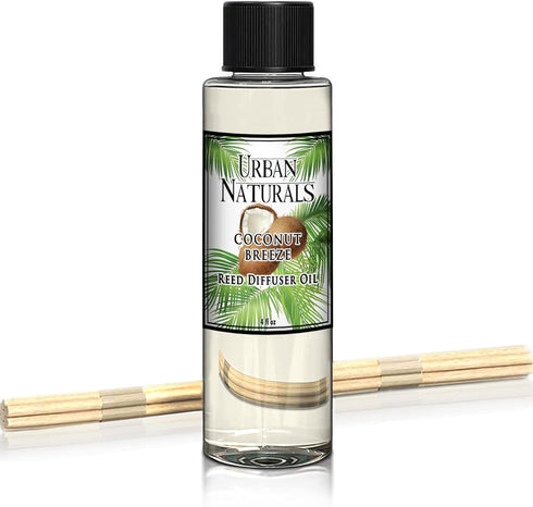 Urban Naturals Coconut Breeze Scented Oil Reed Diffuser Refill, Includes Free Reed Sticks, 4 oz, Made in The USA