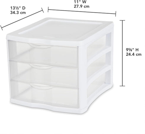 Sterilite 3 Drawer Desktop Storage Unit, White with Clear Drawers, Tabletop Organizer, 4-Pack