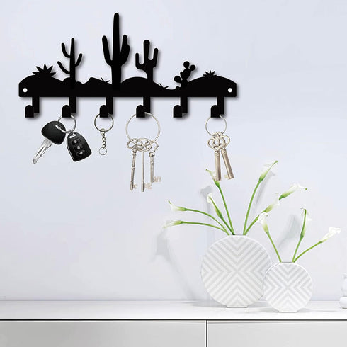 CREATCABIN Cactus Metal Key Holder Organizer Rack, Wall Mounted Decor with 6 Hooks for Entryway, Kitchen, Office, 10.6